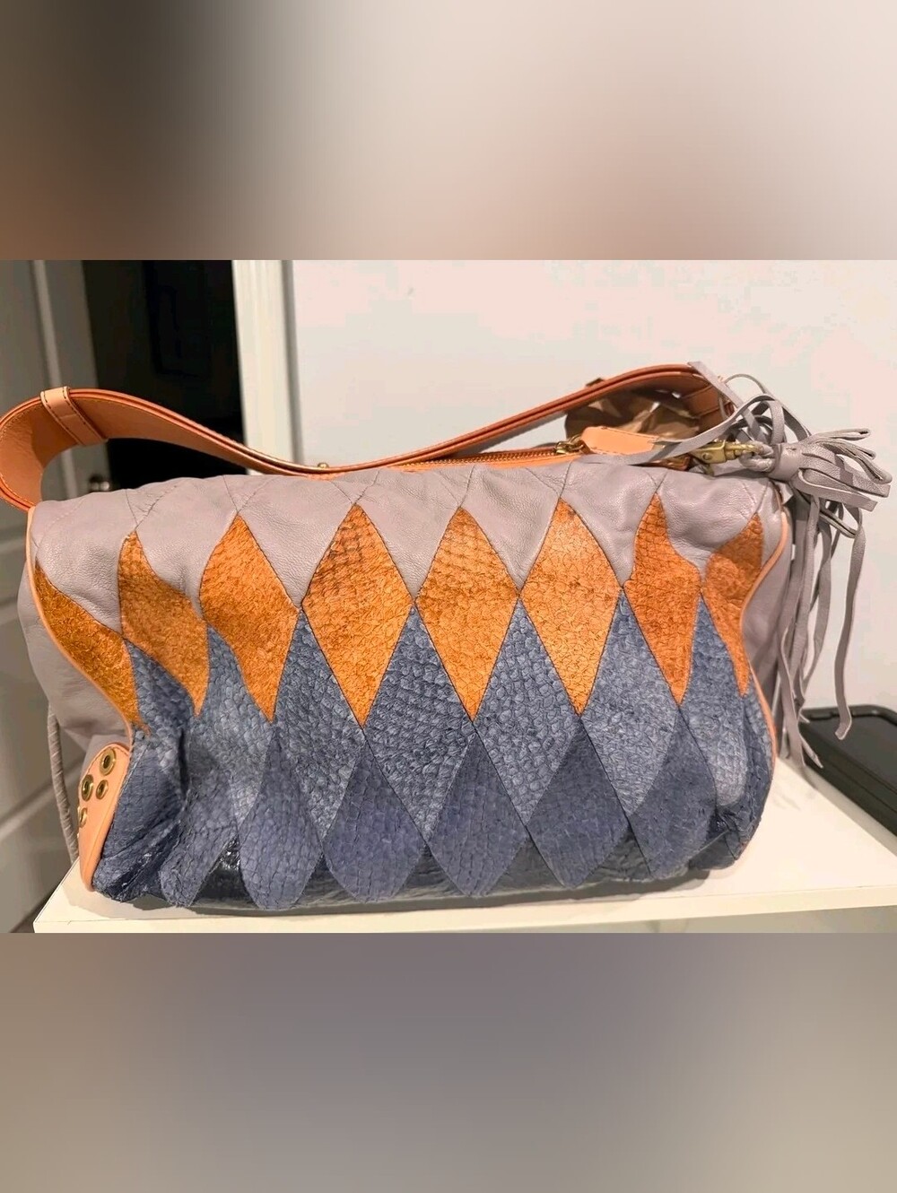 MCM LIMITED EDITION Diamond Patchwork Shoulder Bag - Gray & Orange